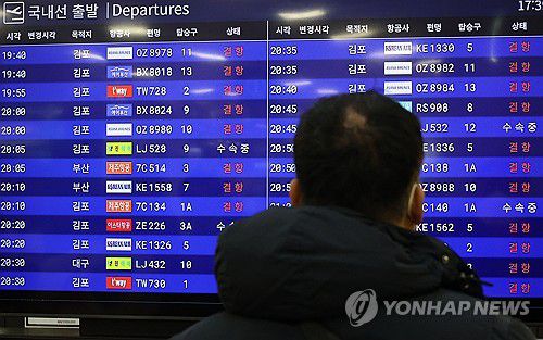 결항을 알리는 전광판을 살펴보고 있는 시민[연합뉴스 자료사진]
