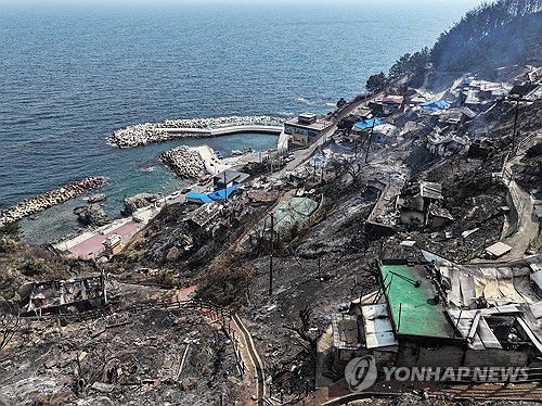 영덕 바다에 닿은 의성 산불(영덕=연합뉴스) 윤관식 기자 = 26일 경북 영덕군 영덕읍 석리 마을이 산불에 폐허가 돼 있다. 2025.3.26 psik@yna.co.kr