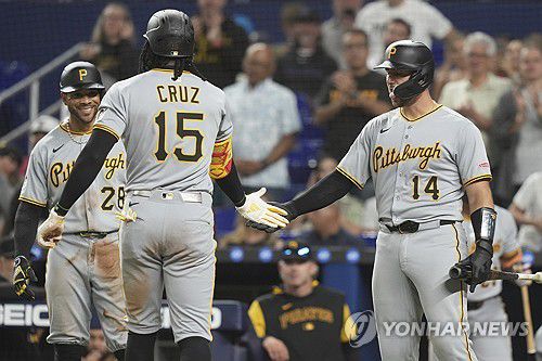 29일 마이애미 전에서 득점 후 기뻐하는 피츠버그 선수들.[AP=연합뉴스]