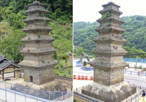 국보 '안동 법흥사지 칠층전탑' 세부 모습 왼쪽은 남동 측면, 오른쪽은 북서 측면을 각각 촬영한 사진으로 2023년 중점 관리 대상 문화유산 모니터링 결과보고서에 실린 내용. [국립문화유산연구원 제공. 재판매 및 DB 금지]
