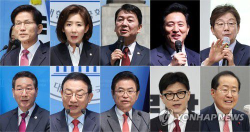 국민의힘 대선 경선 출마자 및 불출마자 윗줄 왼쪽부터 김문수 전 고용노동부 장관, 나경원 의원, 안철수 의원, 오세훈 서울시장, 유승민 전 의원. 아랫줄 왼쪽부터 유정복 인천시장, 이정현 전 의원, 이철우 경북지사, 한동훈 전 국민의힘 대표, 홍준표 대구시장.  이 가운데 오 시장과 유 전 의원, 이 전 의원은 경선 불출마를 선언했다. 2025.4.9  [연합뉴스 자료사진]