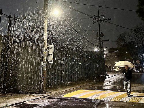 눈 내리는 서울(서울=연합뉴스) 윤동진 기자 = 눈 내리는 12일 저녁 서울 종로구의 한 거리에서 한 시민이 우산을 쓴 채 길을 걷고 있다. 2025.4.12 mon@yna.co.kr