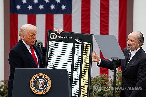 트럼프 대통령에 국가별 관세표 건네는 러트닉 상무장관[로이터 연합뉴스 자료사진. 재판매 및 DB 금지]