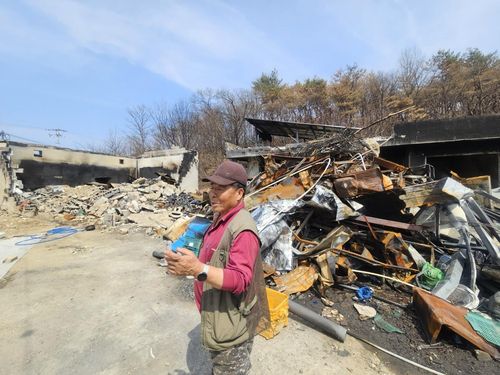 폐허가 된 집 앞에서(의성=연합뉴스) 김선형 기자 = 16일 오후 의성군 점곡면 동변리에서 산불로 터전을 잃은 강병학씨가 기자에게 설명하고 있다. 2025.4.16 sunhyung@yna.co.kr