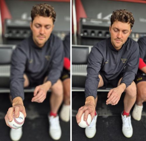 투심 패스트볼 그립 바꾼 네일(광주=연합뉴스) 김경윤 기자 = KIA 타이거즈 제임스 네일이 16일 광주기아챔피언스필드에서 올 시즌 바꾼 변화구 그립을 설명하고 있다. 오른쪽이 지난 시즌에 던진 투심 패스트볼, 왼쪽이 올 시즌에 던지는 원심 패스트볼이다. 2025.4.17. cycle@yna.co.kr