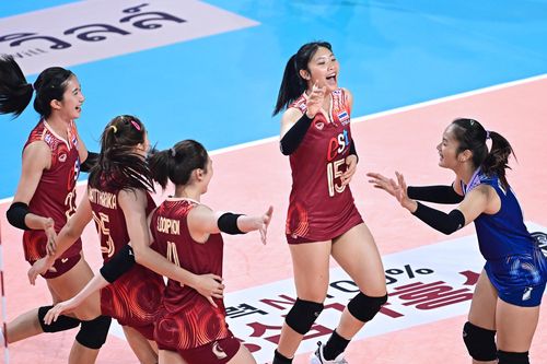 득점 후 기뻐하는 태국 여자배구 올스타팀 선수들[한국배구연맹 제공. 재판매 및 DB 금지]