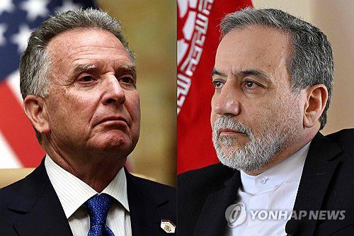 위트코프 특사와 아락치 장관(AFP 연합뉴스 자료사진) 2025년 2월 18일 촬영된 미국 대통령 중동 특사 스티브 위트코프(왼쪽)의 모습과 2025년 3월 7일 촬영된 이란의 압바스 아락치(오른쪽) 외무장관의 모습을 나란히 배치한 합성사진. 2025.04.19 photo@yna.co.kr