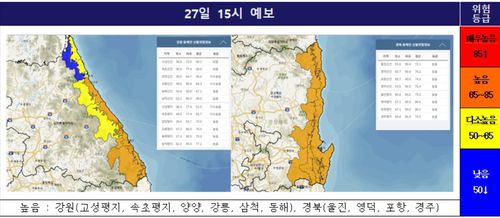 강원·경북 동해안 산불위험지수[국립산림과학원 제공. 재판매 및 DB 금지]