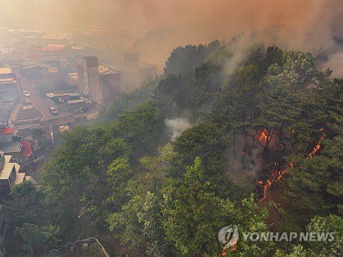 민가 위협하는 산불(대구=연합뉴스) 윤관식 기자 = 28일 오후 2시 1분께 대구 북구 노곡동 함지산에서 발생한 산불이 인근인 조야동 민가까지 확산하고 있다. 2025.4.28 psik@yna.co.kr