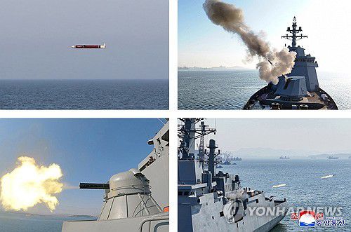 북, 최현호 첫 무장 시험사격…김정은 "해군 핵무장화 가속화"(평양 조선중앙통신=연합뉴스) 북한 김정은 국무위원장이 신형 '다목적구축함' 최현호(號) 진수 사흘 만에 진행된 첫 무장 시험사격을 참관하고 '해군의 핵무장화'에 속도를 내라고 지시했다. 미사일총국, 국방과학원, 탐지전자전총국이 구축함 최현호에 탑재된 무장체계의 성능 및 전투 적용성 시험에 착수했다고 조선중앙통신이 30일 보도했다. 2025.4.30      [국내에서만 사용가능. 재배포 금지. For Use Only in the Republic of Korea. No Redistribution] nkphoto@yna.co.kr