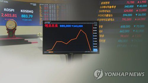 100만원 무너진 '황제주'…2차 전지주 동반 급락 (CG)[연합뉴스TV 제공]