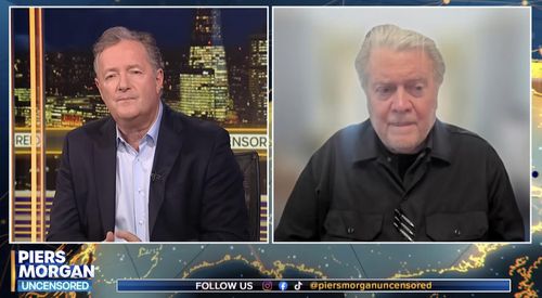 '다크호스'4월30일 공개된 토크쇼에서 레오14세 미리 '다크호스'로 점찍은 스티브 배넌(오른쪽). 유튜브 피어스 모건 언센서드 캡처. 재판매 및 DB 금지