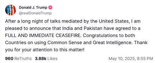 "인도·파키스탄, 휴전 합의"[도널드 트럼프 미국 대통령 트루스소셜 캡처. 재판매 및 DB 금지]