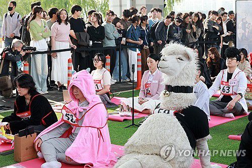 2025 한강 멍때리기 대회(서울=연합뉴스) 신현우 기자 = 11일 서울 서초구 반포한강공원 잠수교에서 열린 2025 한강 멍때리기 대회에서 참가자들이 멍하니 앉아 있다. 2025.5.11 nowwego@yna.co.kr