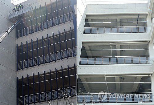 창원NC파크 외장 마감재 루버 전체 철거(창원=연합뉴스) 김동민 기자 = 29일 오후 경남 창원시 마산회원구 창원NC파크 야구장 외장 마감재 '루버'가 철거된 모습.      왼쪽 사진은 지난 1일 루버 안전 점검을 하는 모습. 2025.4.29 image@yna.co.kr