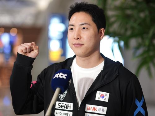 세계탁구선수권 출전을 앞두고 파이팅 외치는 임종훈[촬영 이동칠]