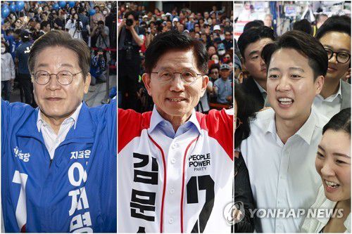 이재명, 김문수, 이준석 후보(거제·밀양·부산=연합뉴스) 14일 거제에서 지지자들에게 인사하는 이재명 후보(왼쪽부터), 밀양 찾아 유세하는 김문수 후보, 부산 자갈치시장에서 시민들 만나는 이준석 후보