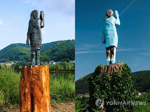 도난당한 멜라니아 각상(왼쪽)과 방화 피해를 본 이전 조각상(오른쪽)[AFP 연합뉴스 자료사진/Jure Makovec 제공]