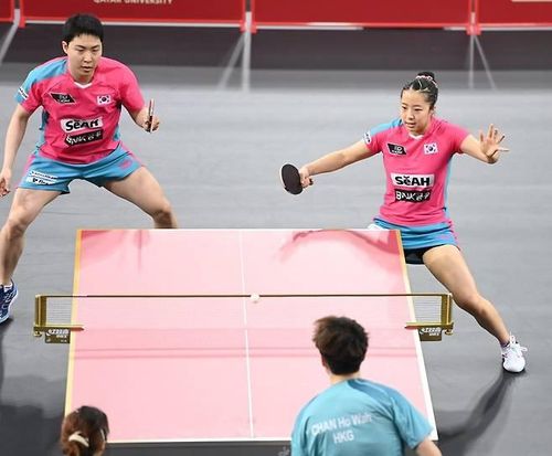 탁구 세계선수권 혼합복식에 나선 신유빈(오른쪽)과 임종훈의 경기 장면[대한탁구협회 제공. 재판매 및 DB 금지]