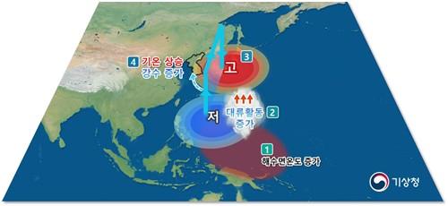 열대 서태평양의 높은 해수면 온도와 우리나라 6∼8월 기온·강수량 영향. [기상청 제공. 재판매 및 DB 금지]