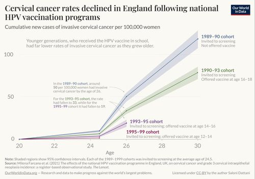 영국 HPV 백신 프로그램 이후 자궁경부암 발생률 감소 추이[출처: 아워 월드 인 데이터(Our World in Data)]