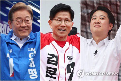 이재명, 김문수, 이준석 후보(안양·안동·수원=연합뉴스) 24일 안양에서 집중유세하는 이재명 후보(왼쪽부터), 안동 방문한 김문수 후보, 수원에서 유세하는 이준석 후보