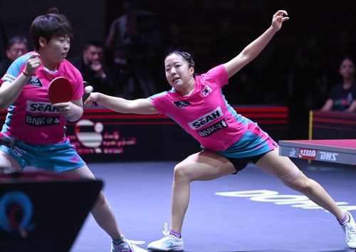 세계탁구선수권 여자복식 4강 벌이는 신유빈(오른쪽)과 유한나[대한탁구협회 제공. 재판매 및 DB 금지]