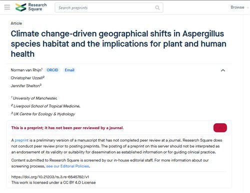 아스페르길루스 균류의 지리적 이동 예상 논문 초안(서울=연합뉴스) 2025년 5월 2일(현지시간) 영국 맨체스터대 소속 노르만 판레인, 리버풀 열대의학대학원 소속 크리스토퍼 유젤, 영국 생태수문학센터(UKCEH) 소속 제니퍼 셸턴 등 박사후 연구원 3명이 인터넷에 공개한 아스페르길루스 균류의 지리적 이동 예상 논문 초안. [리서치스퀘어 공개 프리프린트 캡처. DB 및 재판매 금지] 2025.5.25.
