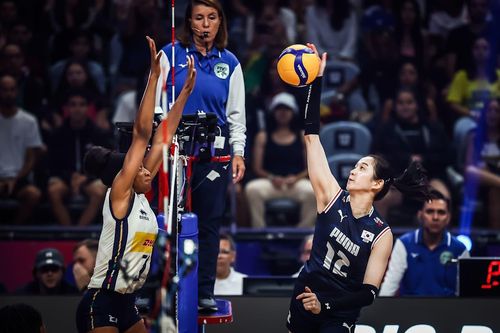 공격하는 한국 여자배구 대표팀의 이다현(12번)[국제배구연맹 홈페이지 캡처. 재판매 및 DB 금지]