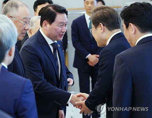 이재명 대통령, 최태원 대한상의 회장과 인사(서울=연합뉴스) 홍해인 기자 = 이재명 대통령이 13일 서울 용산 대통령실에서 열린 6경제단체·기업인 간담회에서 최태원 SK그룹 회장 겸 대한상공회의소 회장과 악수하고 있다. 2025.6.13 [대통령실통신사진기자단] hihong@yna.co.kr