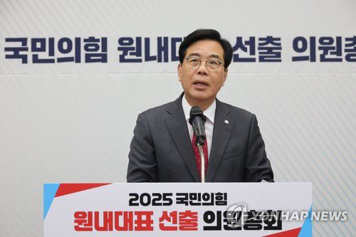 정견 발표하는 송언석 후보(서울=연합뉴스) 류영석 기자 = 국민의힘 원내대표 선거에 출마한 송언석 후보가 16일 서울 여의도 국회에서 열린 원내대표 선출 선거 의원총회에서 정견발표하고 있다. 2025.6.16 ondol@yna.co.kr