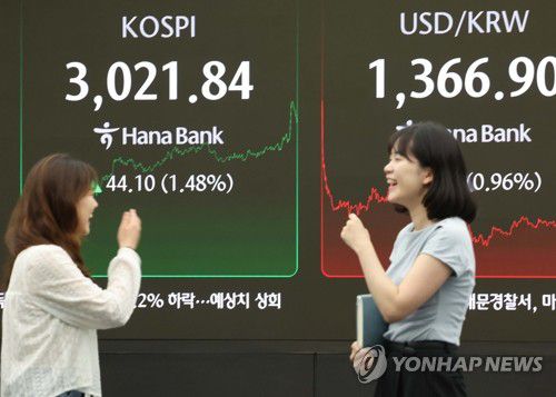 코스피 종가도 3,000선 돌파(서울=연합뉴스) 서명곤 기자 = 코스피 종가가 3,000선을 돌파한 20일 서울 중구 하나은행 딜링룸에서 딜러들이 대화하고 있다. 2025.6.20 seephoto@yna.co.kr