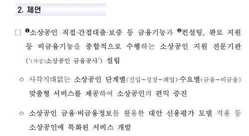 은행권, 소상공인 금융공사 설립 제언[제언 보고서 캡쳐. 재판매 및 DB 금지]