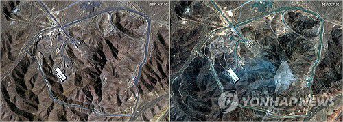 포르도 핵시설(로이터=연합뉴스) 22일(현지시간) 막사 테크놀로지가 촬영한 미군의 폭격 이후 이란 포르도 핵시설 모습(오른쪽)과 이틀 전 사진(왼쪽). 2025.6.23 photo@yna.co.kr