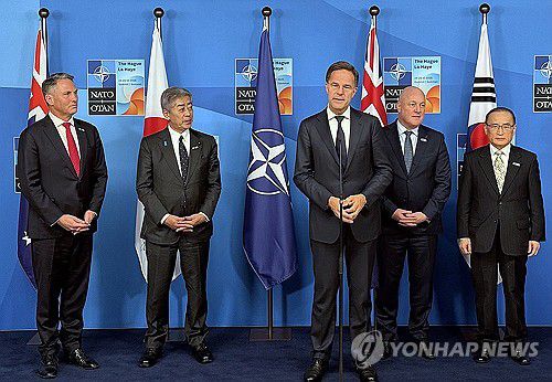 위성락 국가안보실장, 나토-인태 파트너국 특별 행사 참석(서울=연합뉴스) 위성락 대통령실 국가안보실장(오른쪽)이 25일(현지시간) 네덜란드 헤이그 세계 포럼 컨벤션센터에서 북대서양조약기구(NATO·나토)와 한국·일본·호주·뉴질랜드 등 인도·태평양 4개 파트너국(IP4) 특별 행사에 참석해 마르크 뤼터 나토 사무총장의 발언을 듣고 있다.      왼쪽부터 리차드 말스 호주 부총리 겸 국방장관, 이와야 다케시 일본 외무상, 뤼터 사무총장, 크리스토퍼 럭슨 뉴질랜드 총리, 위 안보실장. 2025.6.26 [대통령실 제공. 재판매 및 DB 금지] photo@yna.co.kr