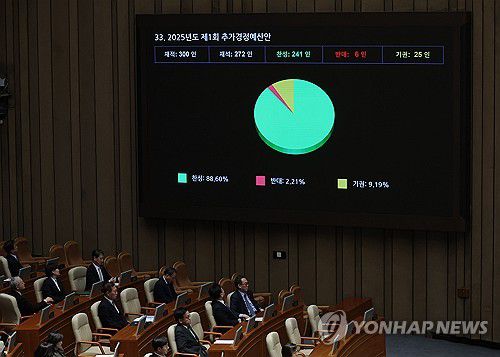 2025년도 1차 추경안 국회 본회의 통과(서울=연합뉴스) 류영석 기자 = 1일 국회에서 열린 본회의에서 2025년도 제1회 추가경정예산안이 통과되고 있다. 2025.5.1 ondol@yna.co.kr