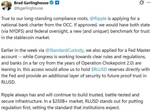 브래드 갈링하우스 리플랩스 최고경영자(CEO)의 엑스 게시글[@bgarlinghouse X 게시물 캡처. 재판매 및 DB 금지]