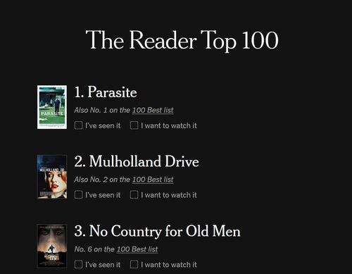 NYT 독자가 선정한 21세기 최고의 영화 1위에 오른 '기생충'[NYT 홈페이지 캡처. 재판매 및 DB 금지]