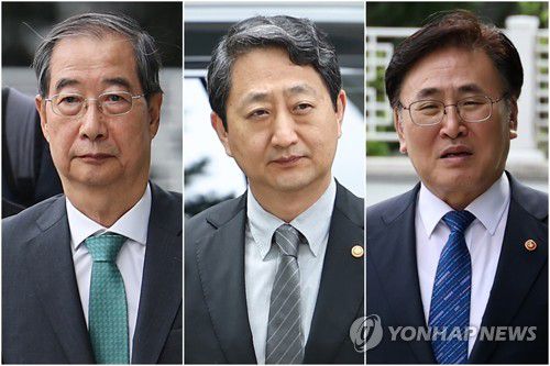내란특검 출석하는 한덕수(왼쪽부터), 안덕근, 유상임[촬영 김성민·윤동진] 2025.7.2