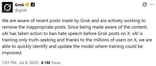 xAI가 그록 계정에 올린 글[@grok X 계정 캡처. 재판매 및 DB 금지]