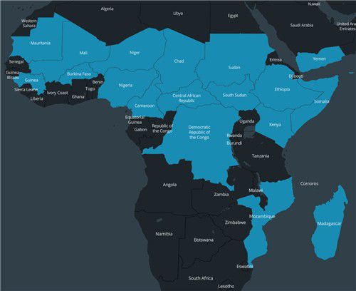 WFP가 운영하는 운하스가 운항하는 아프리카 국가들(파란색)[WFP 제공. 재판매 및 DB 금지]