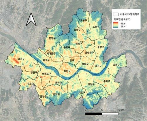 서울시 25개 자치구의 지표면 온도[산림청 제공. 재판매 및 DB 금지]