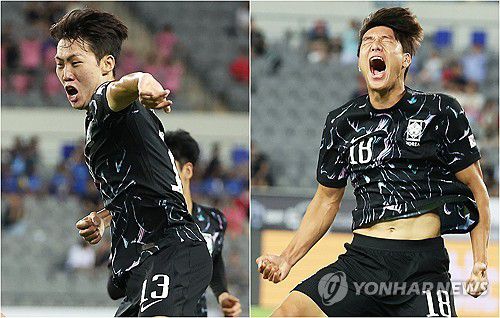 A매치 데뷔골 넣은 강상윤과 이호재(용인=연합뉴스) 홍기원 기자 = 11일 경기도 용인미르스타디움에서 열린 2025년 동아시아축구연맹(EAFF) E-1 챔피언십(동아시안컵) 남자부 2차전 한국과 홍콩의 경기. 한국 강상윤(왼쪽)과 이호재(오른쪽)가 골을 넣고 기뻐하고 있다. 두 선수는 나란히 A매치 데뷔 골을 기록했다. 2025.7.11 xanadu@yna.co.kr