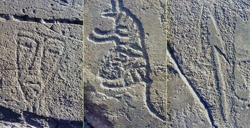 '울주 대곡리 반구대 암각화' 속 그림들 왼쪽부터 사람 얼굴, 호랑이, 작살. 원로 미술사학자인 강우방 일향한국미술사연구원장이 국립문화유산연구원에 기증한 울주 대곡리 반구대 암각화 사진 [국립문화유산연구원 제공. 재판매 및 DB 금지]