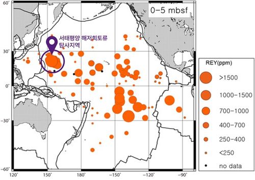 태평양 159개 해역에서 확보한 해저 희토류 농도 분포 지도 [한국지질자원연구원 제공. 재판매 및 DB 금지]