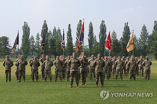 부대기 올린 주한미군 순환배치 여단[연합뉴스 자료사진]