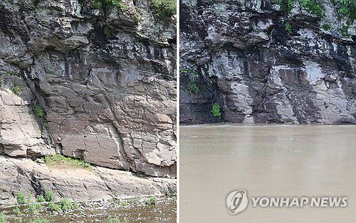 반구대 암각화 침수 전·후 모습(울산=연합뉴스) 김용태 기자 = 19일 울산 울주 대곡리 반구대 암각화가 호우에 사연댐 수위가 상승하면서 물에 잠겨 보이지 않고 있는 모습(오른쪽 사진). 왼쪽 사진은 지난 3일 동일한 구도로 촬영한 반구대 암각화 모습. 2025.7.19 yongtae@yna.co.kr