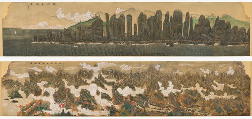 김규진 '총석정절경도'(위)와 '금강산만물초승경도'1920, 비단에 채색, 각 195.5×882.5㎝, 창덕궁 희정당 동쪽 벽(위)과 서쪽 벽(아래), 국가등록문화유산 [국립고궁박물관 제공. 재판매 및 DB 금지]