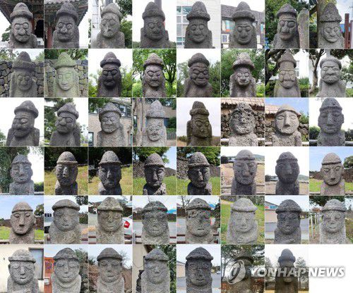 다양한 모습의 제주 돌하르방(제주=연합뉴스) 제주에는 과거 조선시대 성문 밖 입구에 모두 48기의 돌하르방이 있었던 것으로 추정된다. 하지만 현재 1기는 사라지고 47기가 남아있다. 사진은 제주도 세계유산본부로부터 받은 47기의 돌하르방 사진을 편집한 것. [연합뉴스 자료사진]