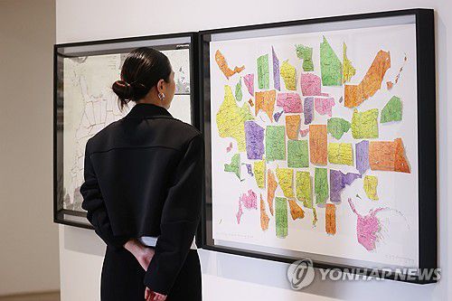 개념미술가 성능경 개인전 '쌩~ 휙!'(서울=연합뉴스) 진연수 기자 = 25일 오후 서울 종로구 백아트에서 열린 개념미술가 성능경의 개인전 '쌩~ 휙!' 기자간담회에서 참석자가 작품을 살펴보고 있다. 2025.8.25 jin90@yna.co.kr